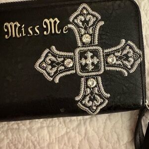 Miss Me Black Wallet with Silver Embellished Cross Zip Walket